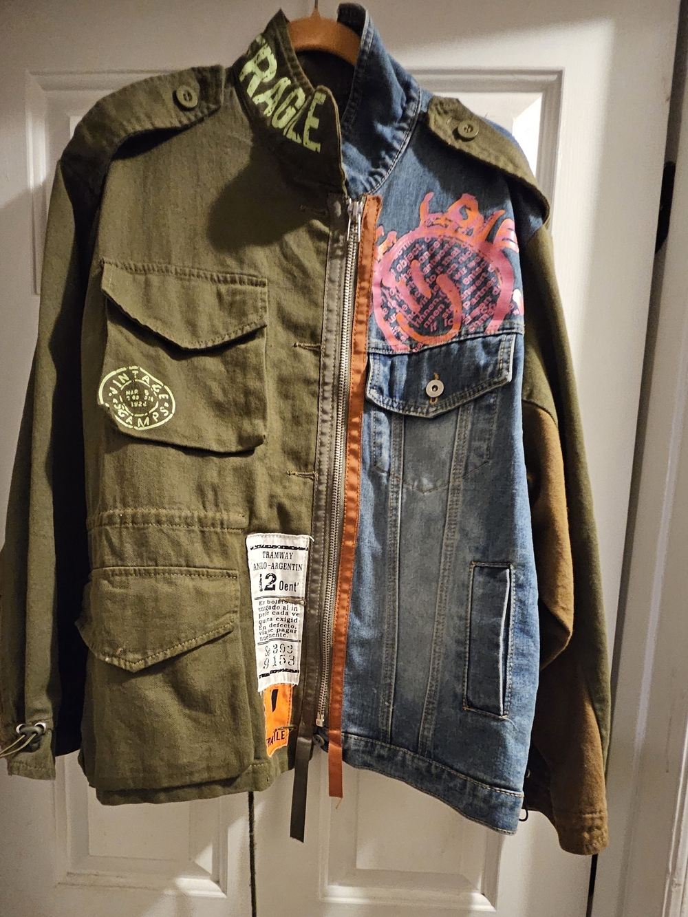 Olive & Blue Patchwork Women's Jean Jacket with Graphic Accent